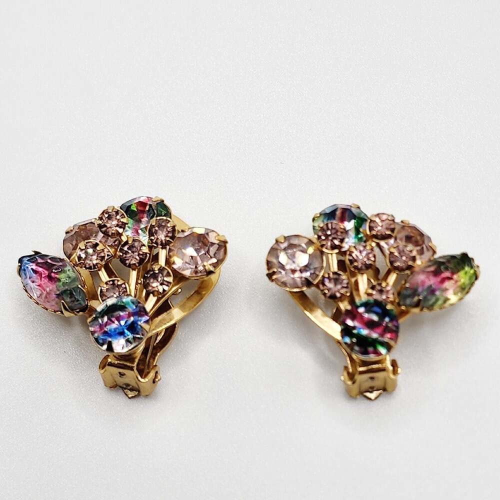 Vintage Juliana Rainbow Iris Molded Lava Rock Rhinestone Earrings Givre Glass